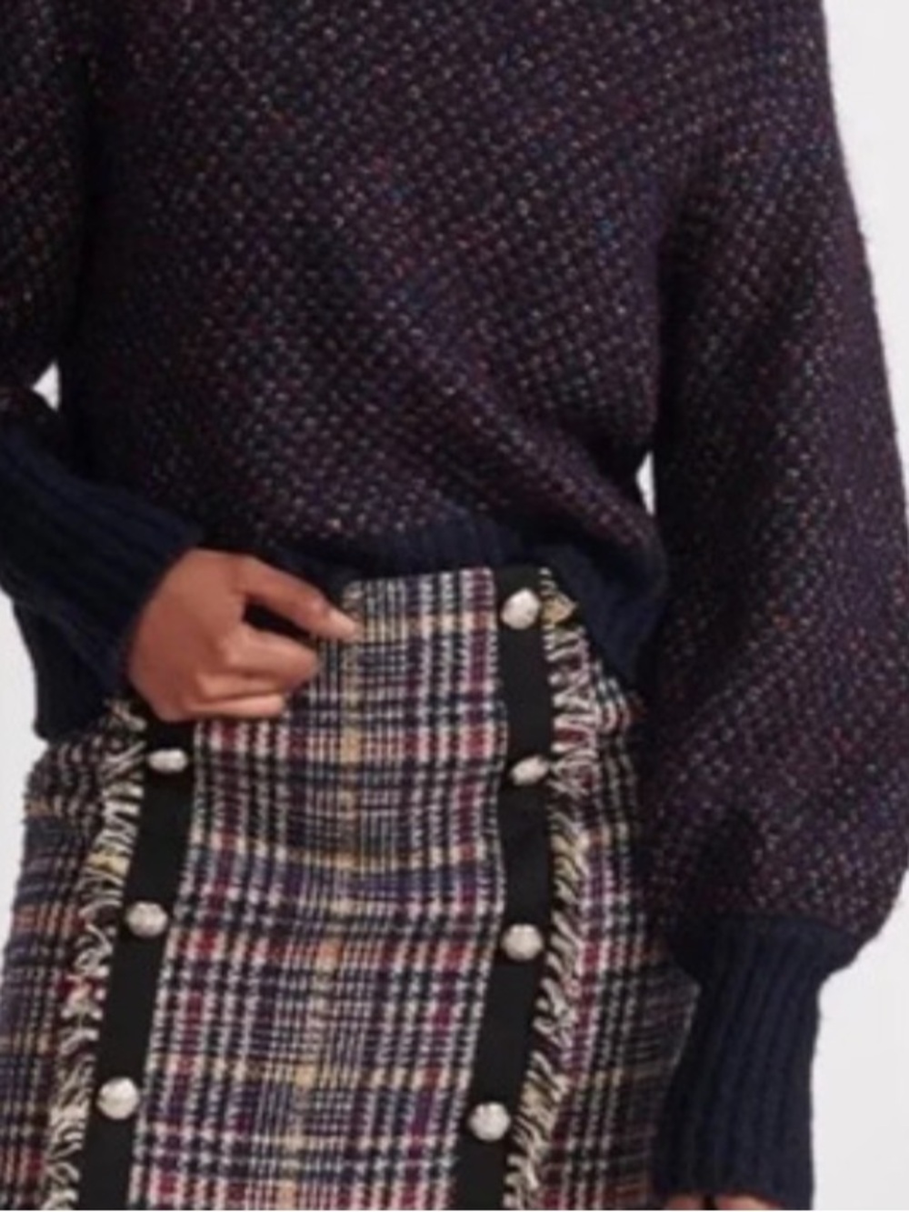 Veronica Beard Black Multi Color Tweed Wool Blend Mini Skirt with Metal Buttons